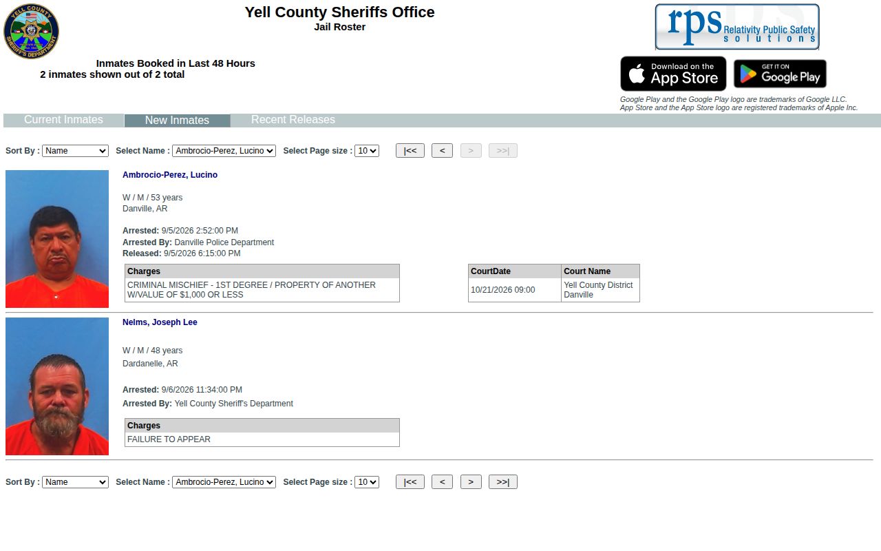 Yell County 48-hour recent arrest booking view