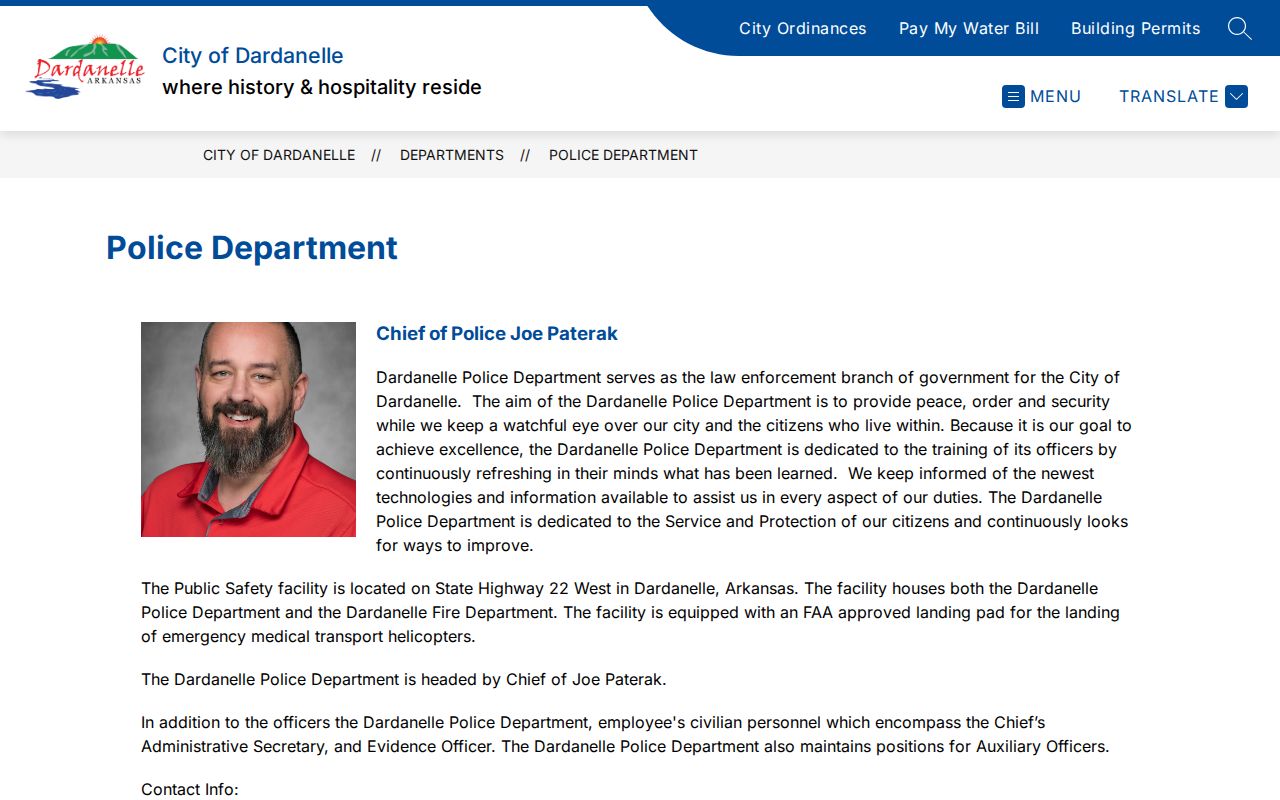 Dardanelle Police Department page for Dardanelle arrest record contacts