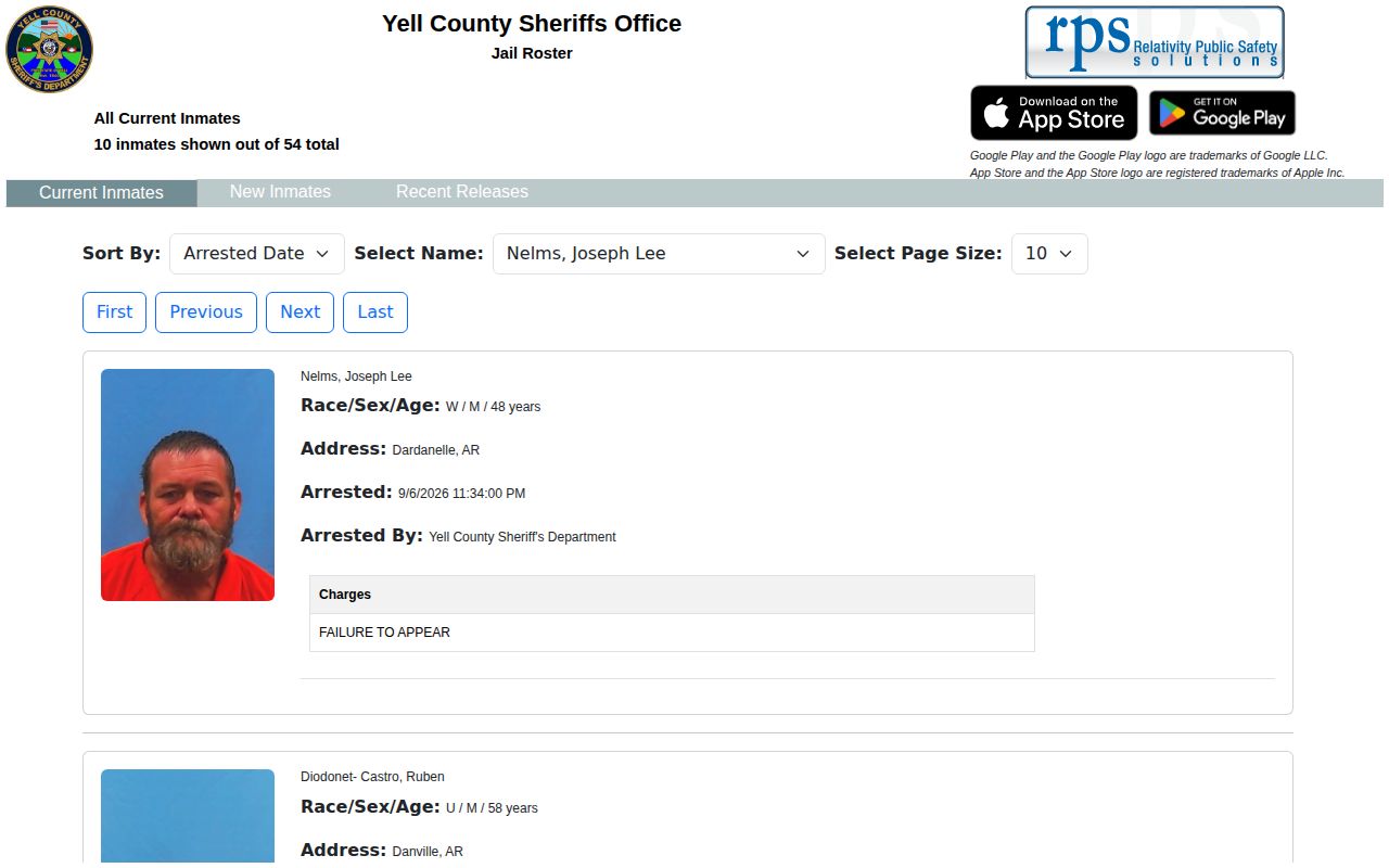 Yell County Sheriff jail roster current-inmate interface