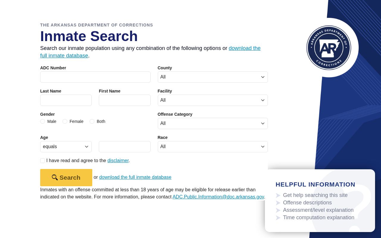 Arkansas Department of Corrections inmate search form